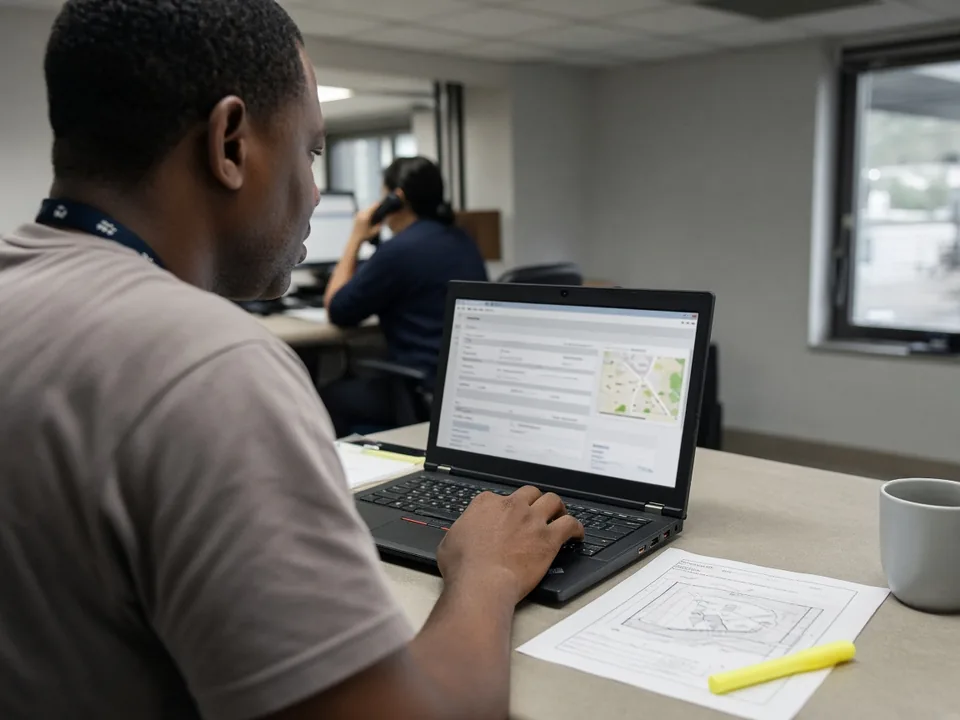 A paid-duty coordinator reviews a structured client request with a map thumbnail on a ThinkPad, a printed site plan beside it