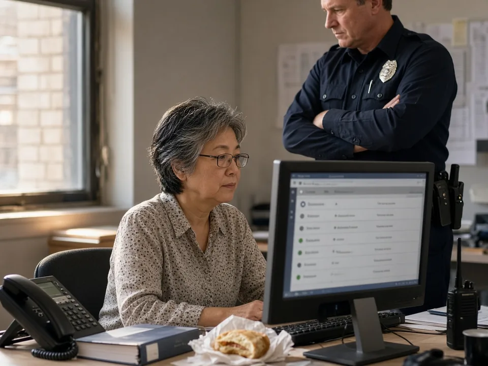 An overtime coordinator watches an ordered list of members update on her monitor while a staff sergeant stands beside her with arms folded