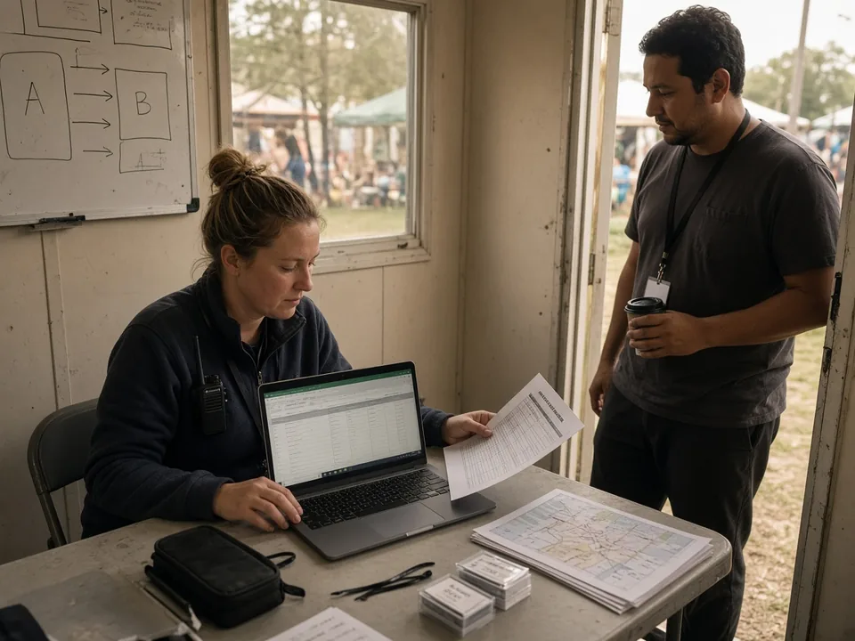 An event operations manager in a festival production trailer compares an invoice summary on her laptop against a printed schedule while a colleague leans in the doorway