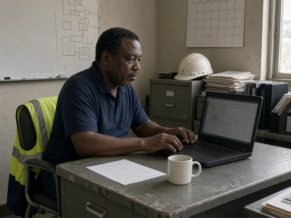A utility crew supervisor at a cluttered field-office desk fills in a paid-duty request form on a laptop, a work order and coffee beside him