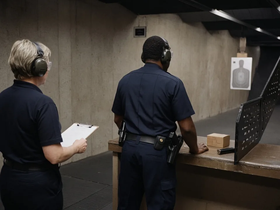 A range instructor with a scoring clipboard stands behind an officer at the firing line during a firearms qualification