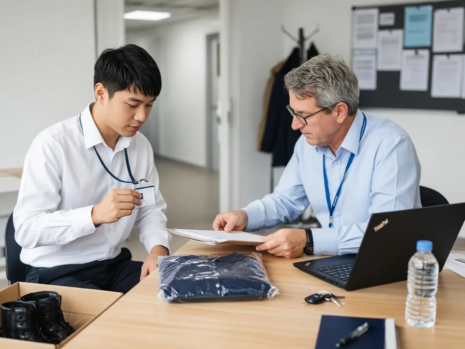 A new recruit looks at his freshly printed ID badge while an onboarding coordinator checks off items on a ThinkPad