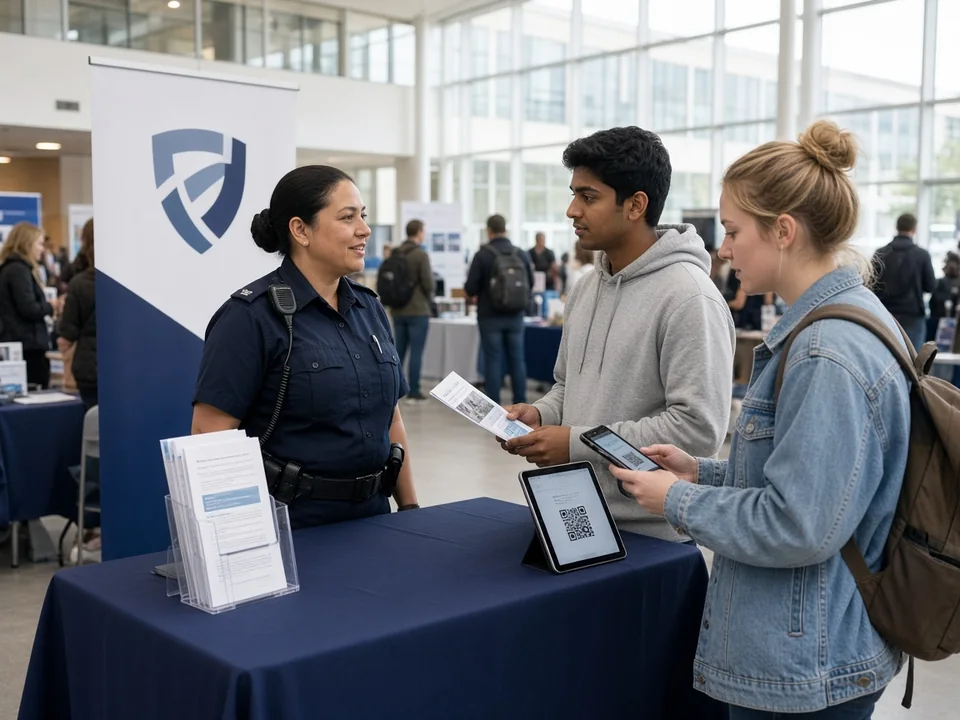 A uniformed constable talks with two prospective candidates at a police recruiting booth while one scans a QR code on a tablet