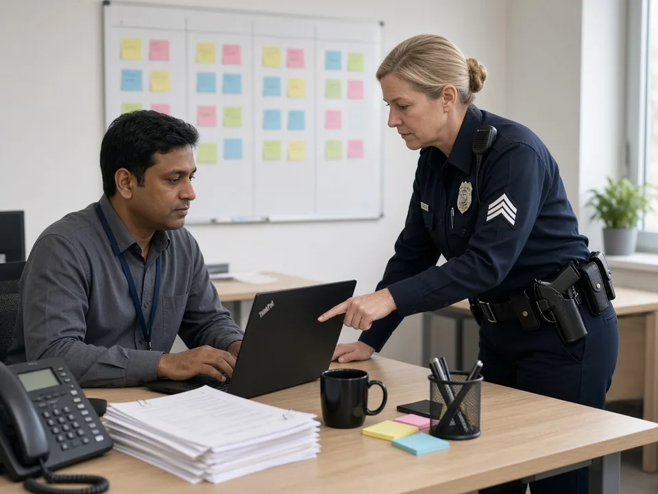A civilian recruiter and a uniformed sergeant review a candidate pipeline board on a ThinkPad in a recruiting office