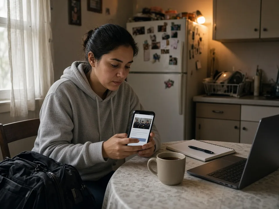 A young woman at her kitchen table reads a police job posting on her phone with a laptop and notebook beside her