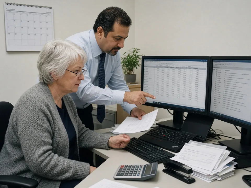 A payroll coordinator and a finance manager review a pay-period grid across two monitors