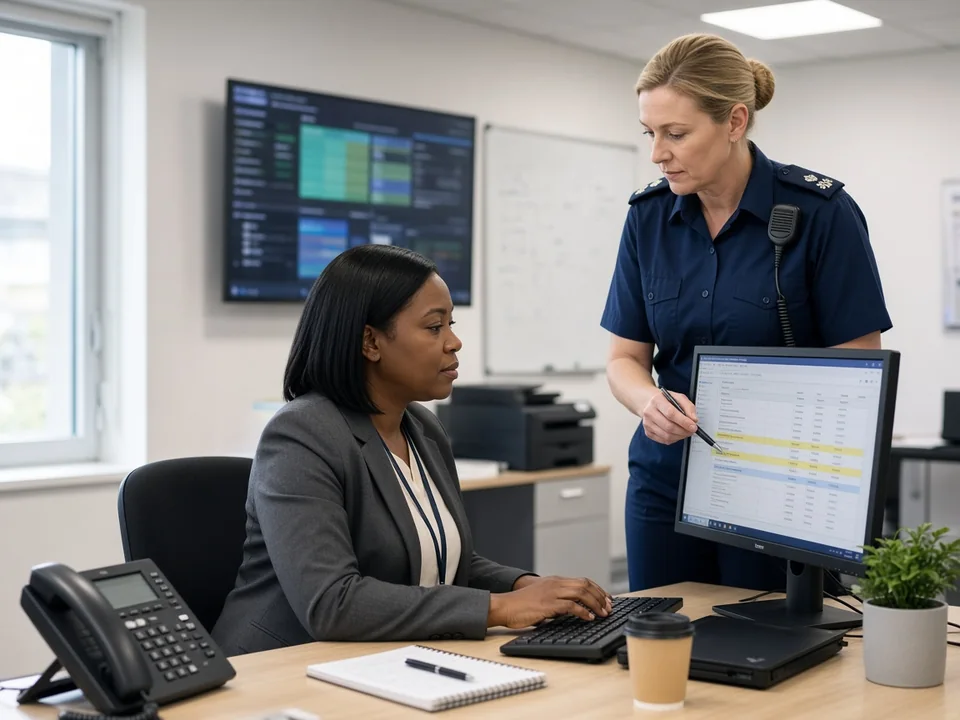 A uniformed staff sergeant points at a staffing roster on screen while a civilian HR administrator works alongside her