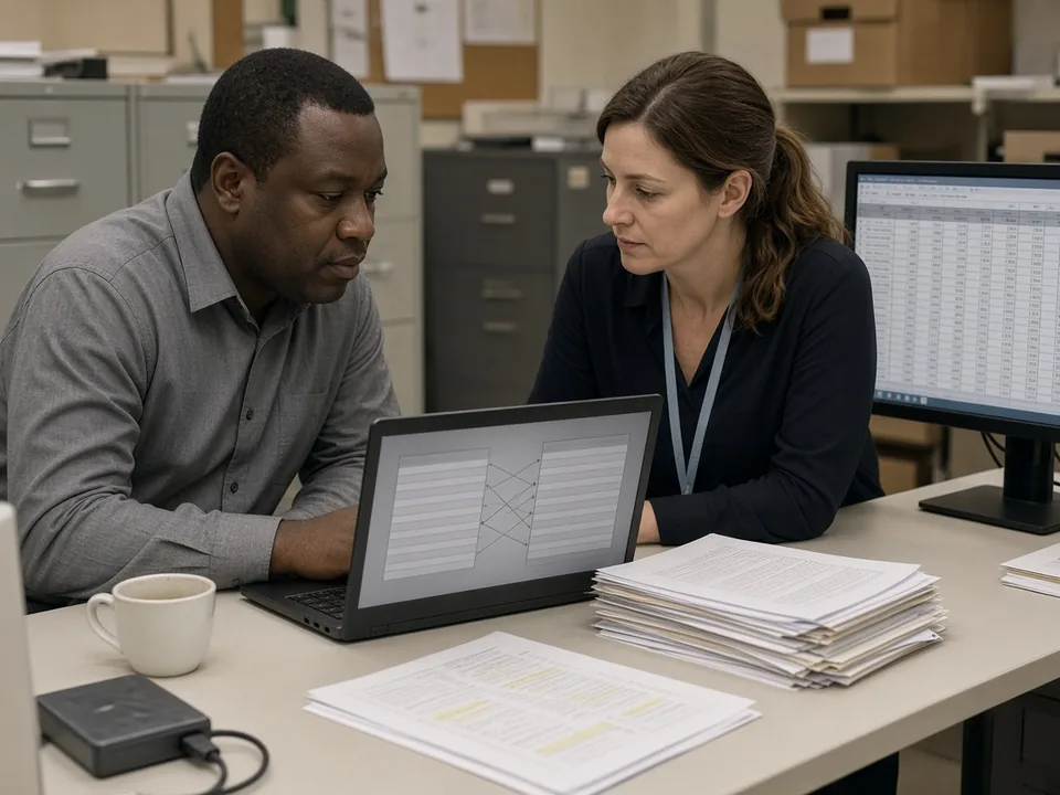 A civilian data analyst and an implementation consultant map columns from an old export to the new system on a laptop in a records office