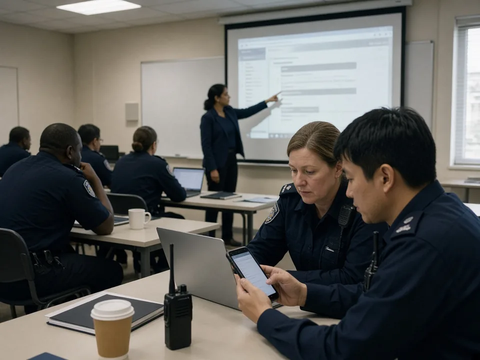 Uniformed officers in a training classroom try the member view on their phones while a trainer points at the projected screen