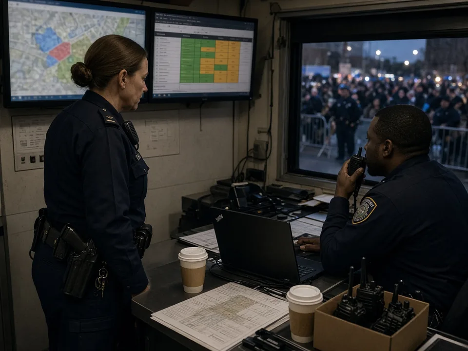 An inspector studies a zoned city map and a colour-coded staffing grid in a command post while a sergeant works the radio, festival crowd visible through the window