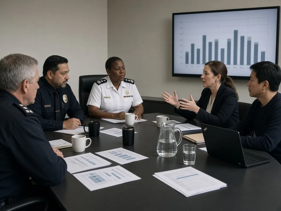 A police chief and senior command team review an overtime spend chart with the finance and HR directors in a boardroom