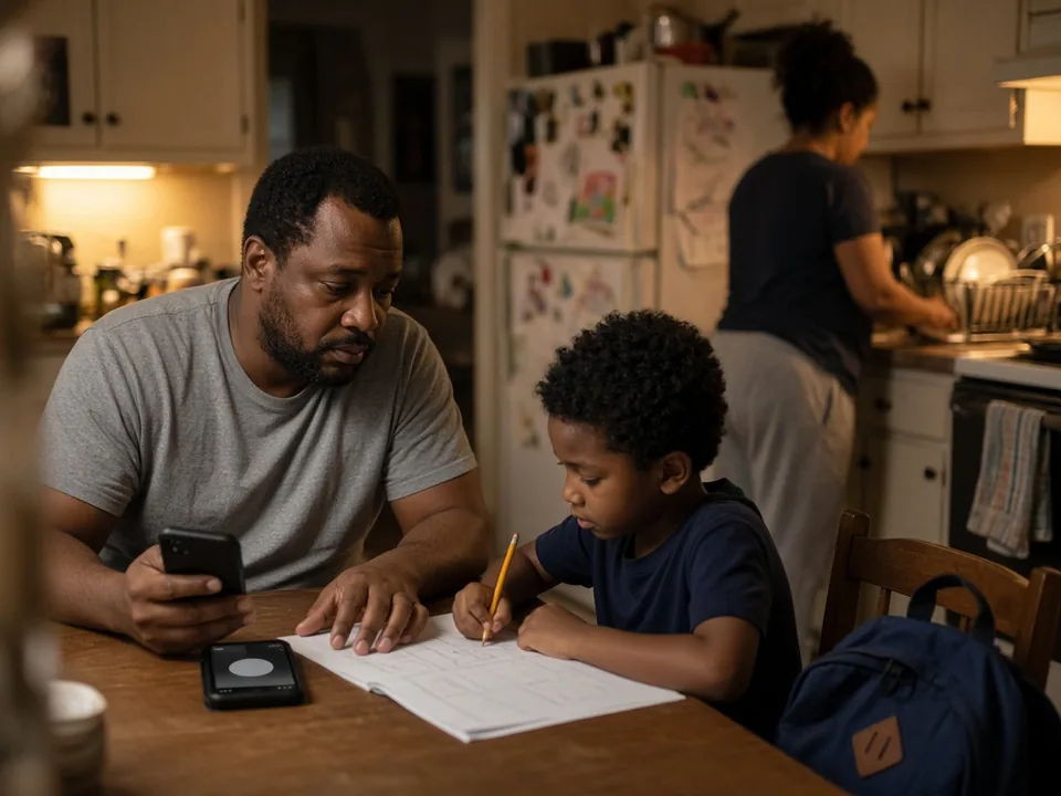 An off-duty officer at his kitchen table glances at a shift offer on his phone while helping his son with homework