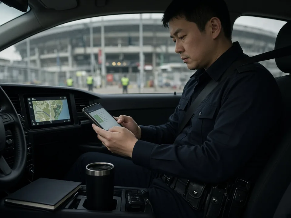 A constable seated in a patrol vehicle reads an assignment briefing on his phone before a stadium event, with barriers being set up beyond the windshield