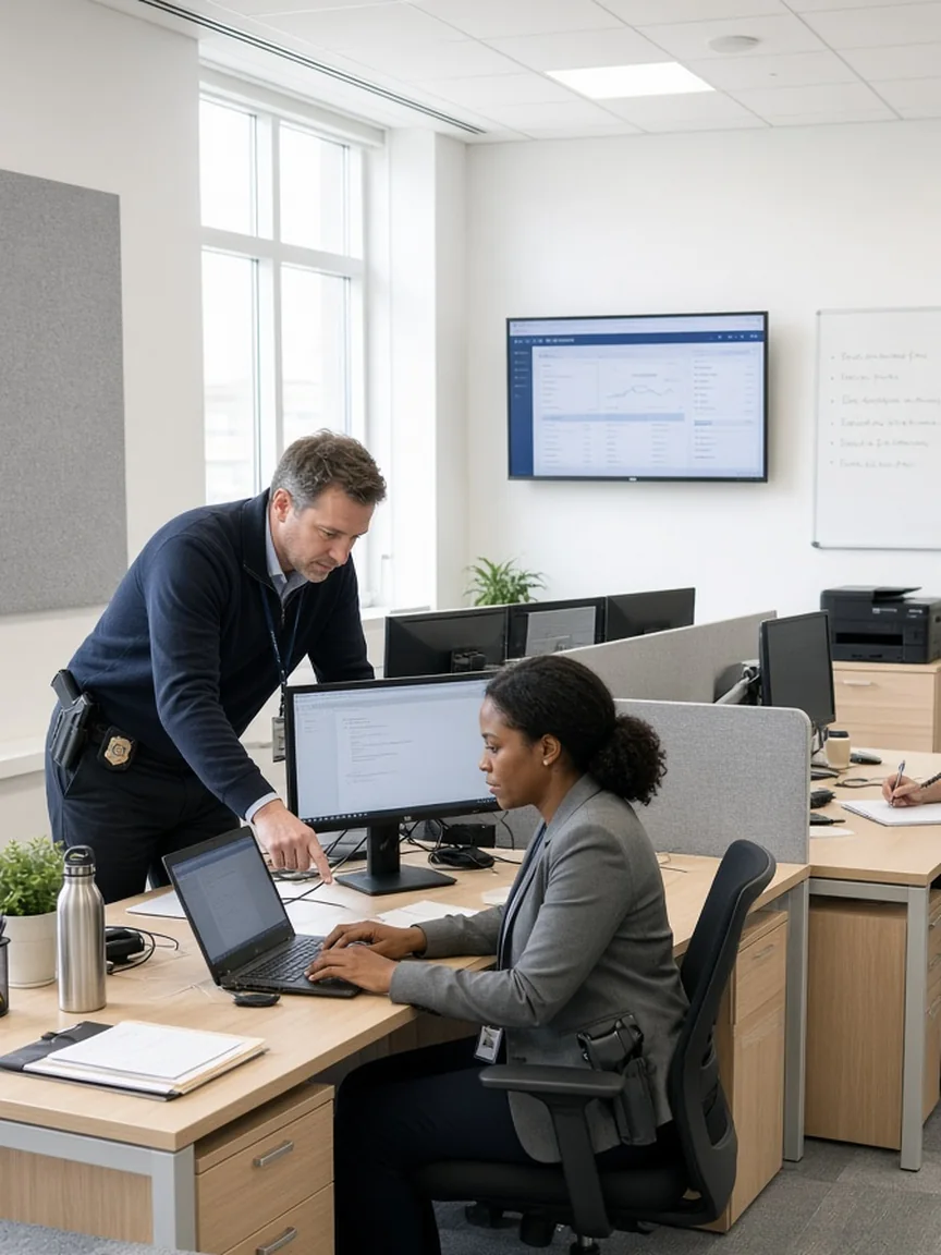 Three plainclothes detectives with belt-holstered sidearms working in a modern investigative unit office, one pointing at a ThinkPad screen