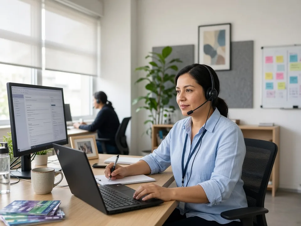A community support-line worker in a headset listens to a caller in a bright office, pen resting on her notepad