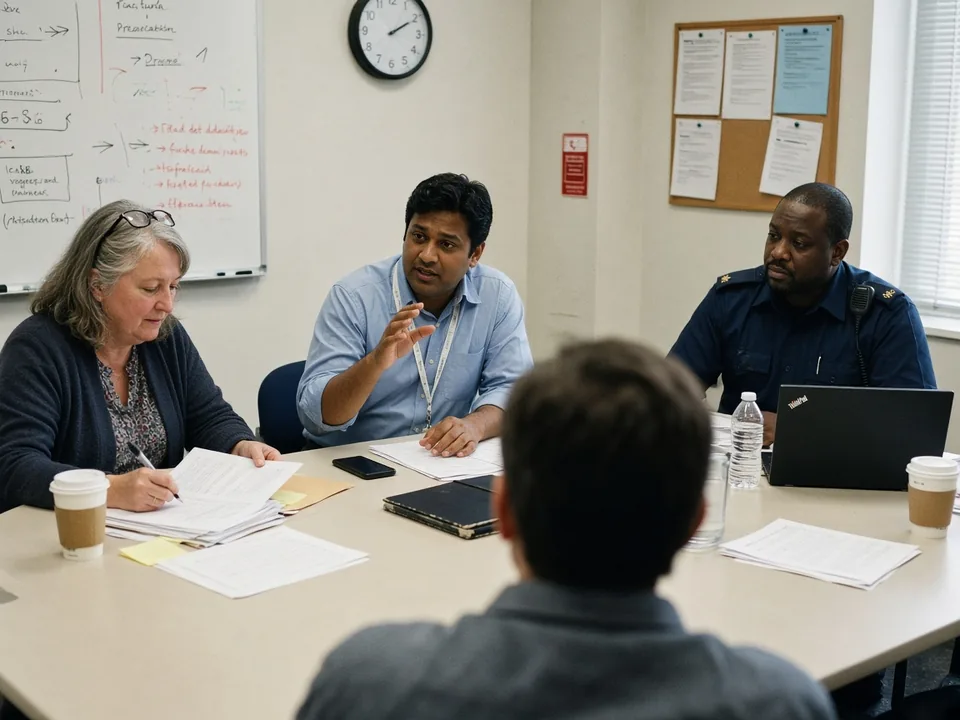 A three-person police hiring panel interviews a candidate across a table covered in résumés and coffee cups