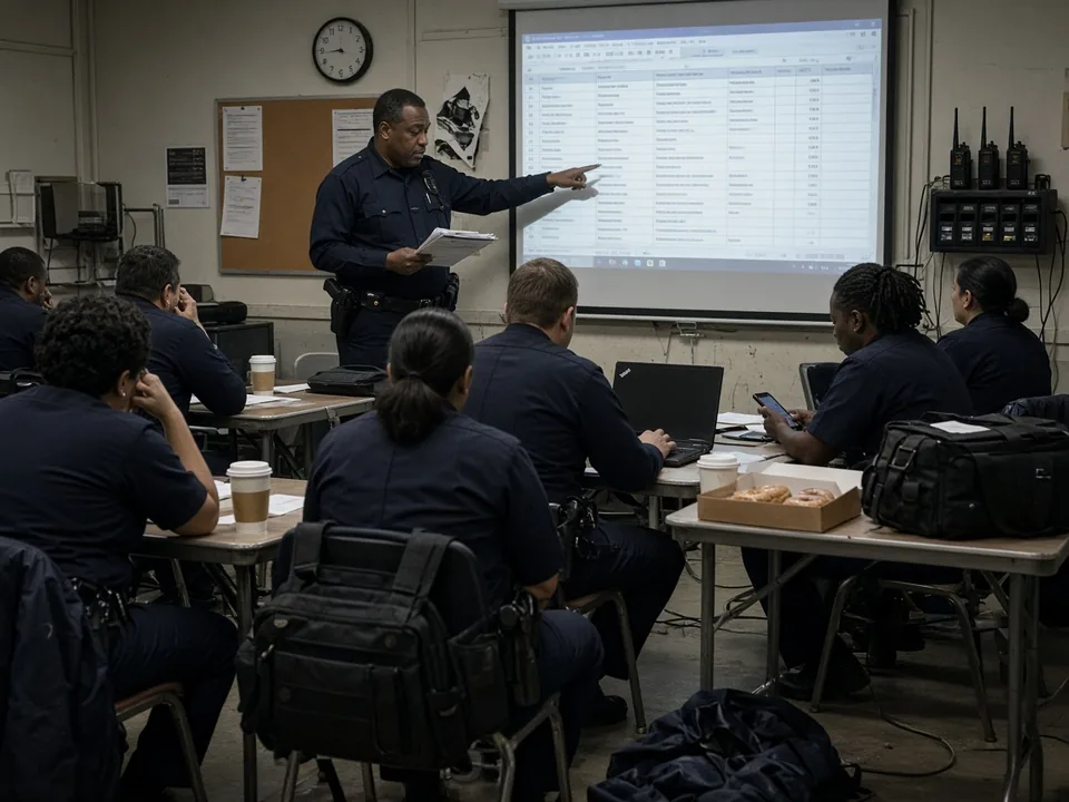 A sergeant points at a projected schedule during a roll-call briefing while seated officers follow along