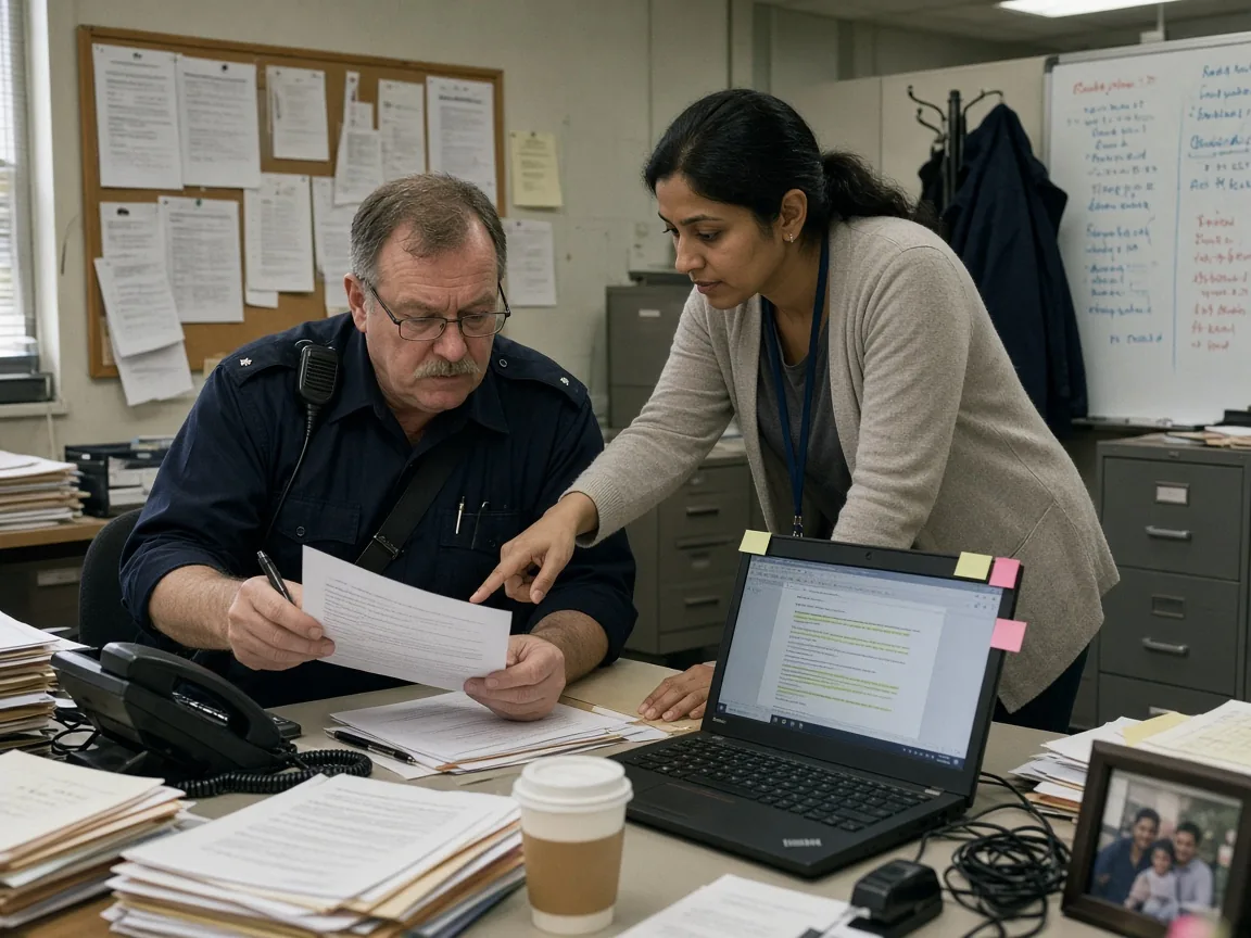 An HR analyst reviews an AI-drafted shortlist on a ThinkPad while a uniformed sergeant reads over the citations beside her