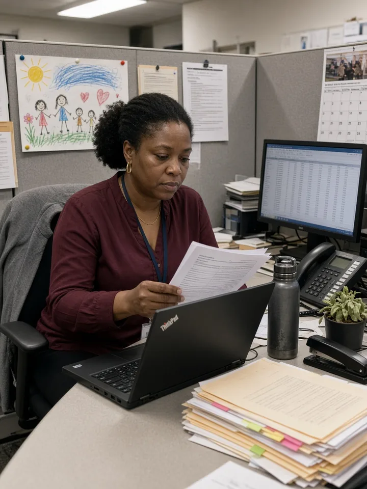A civilian records analyst compares a personnel form with a ThinkPad screen at a cluttered cubicle desk
