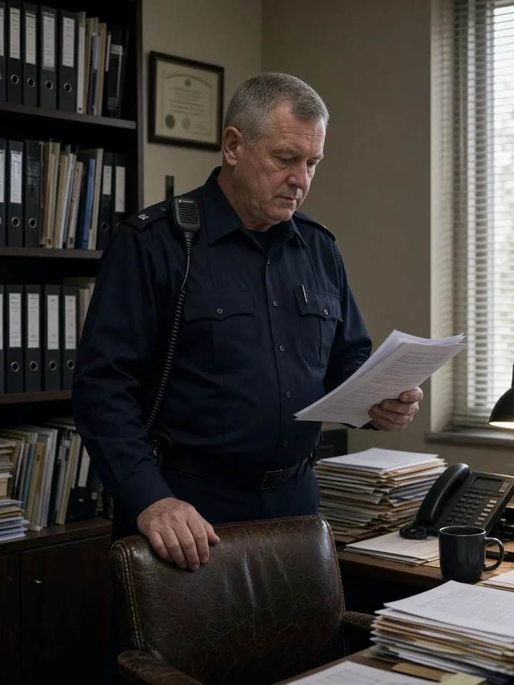 A police chief reads a printed report in his office, one hand on the back of a worn leather chair