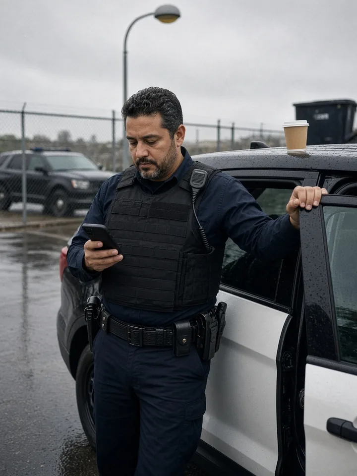 A patrol sergeant in a vest carrier checks his phone beside an open patrol SUV door in a wet parking lot