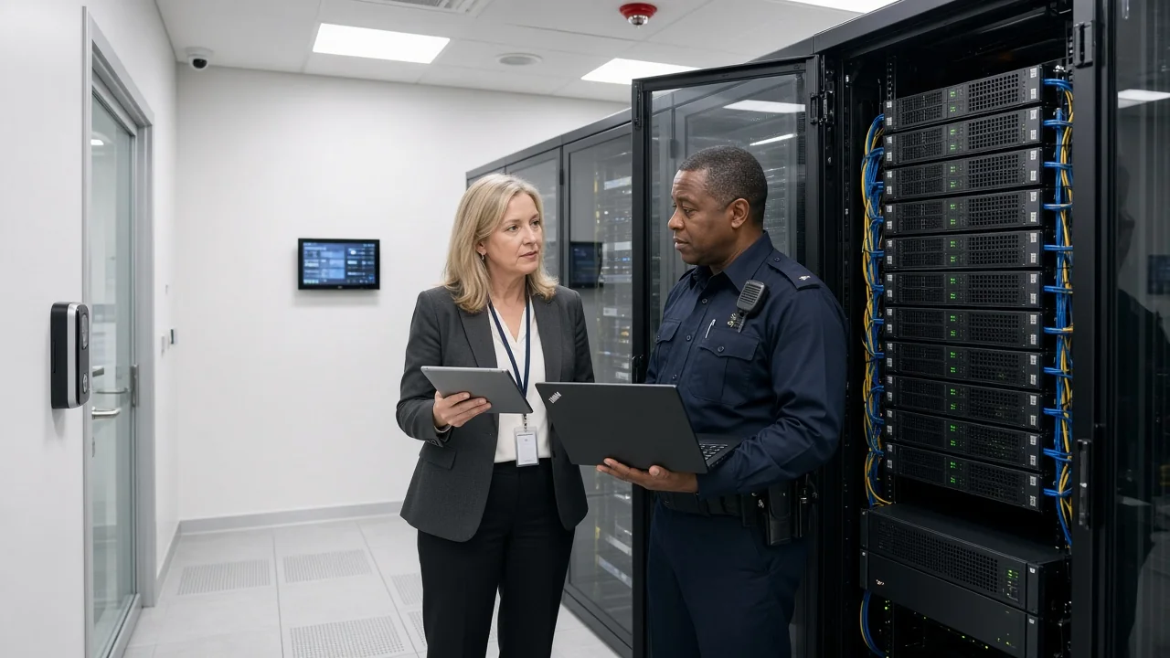 A modern secured server room in a police headquarters with tidy enterprise racks and a glass door with a badge reader