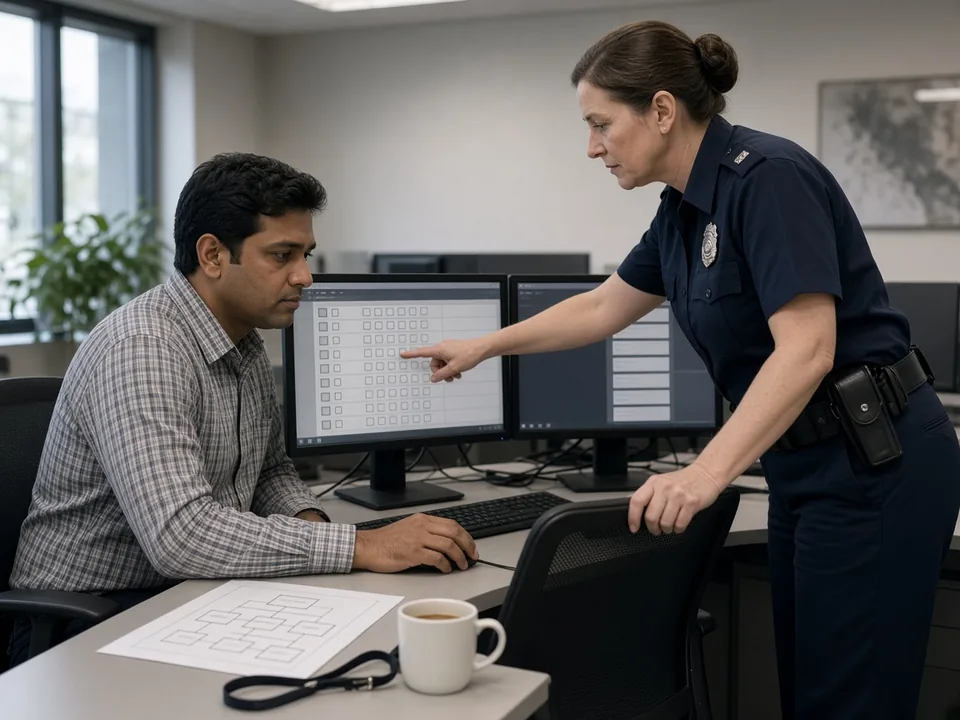 A civilian systems administrator and a uniformed staff sergeant review a role-permissions matrix on two monitors during configuration