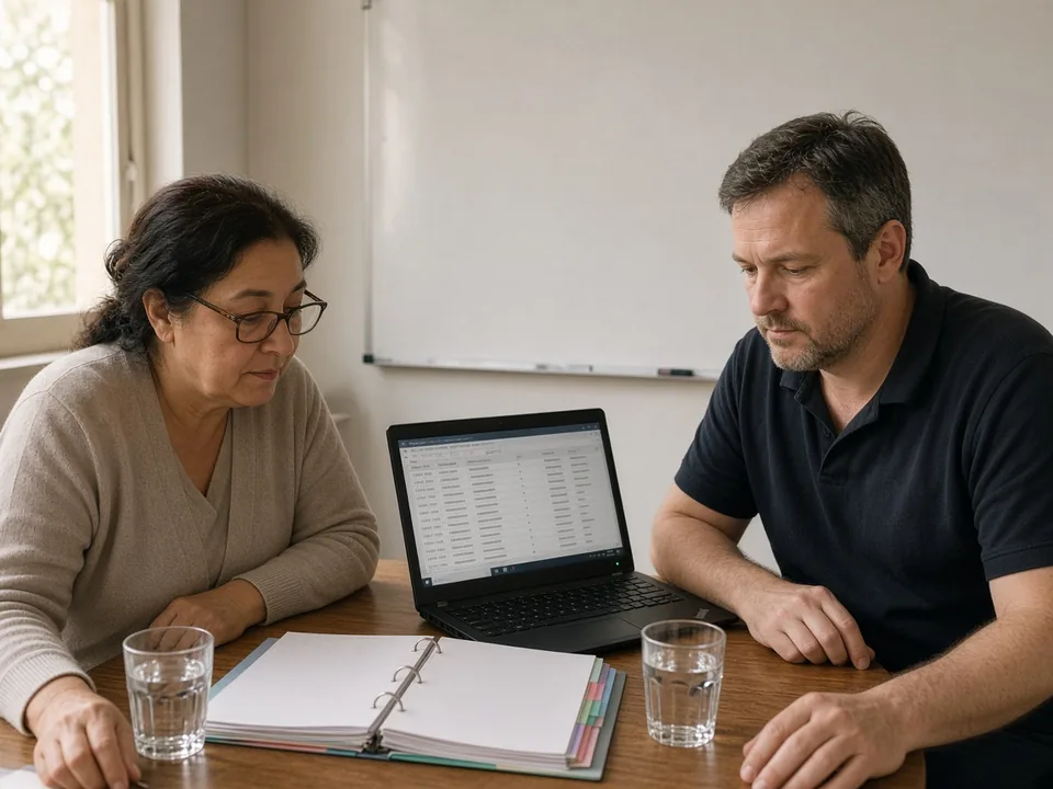 A professional-standards analyst and an association representative review a chronological event log on a laptop beside an open tabbed binder