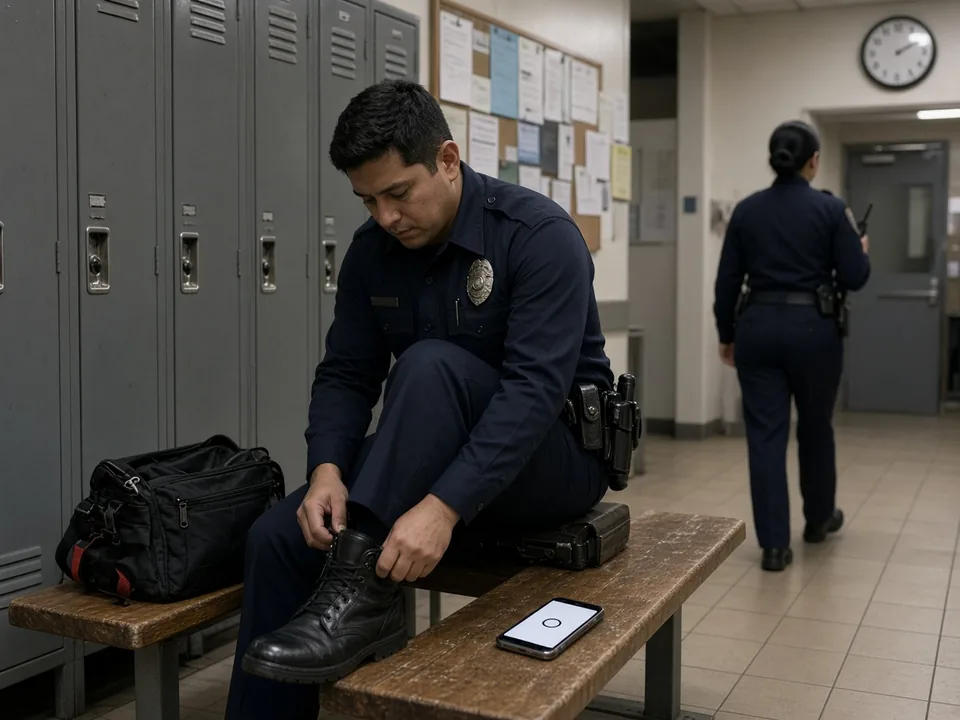 An officer laces his boots on a locker-room bench with his phone showing a shift confirmation beside him, while another officer heads for the door