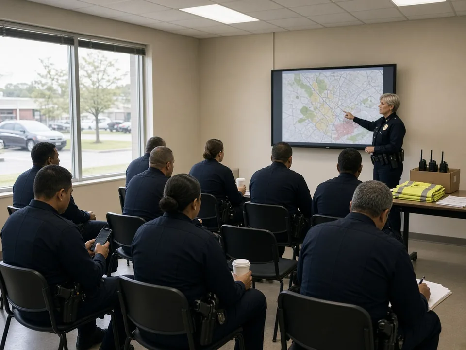 An inspector briefs a room of officers in front of a zoned city map before a large planned event, radios and high-visibility vests stacked on a side table