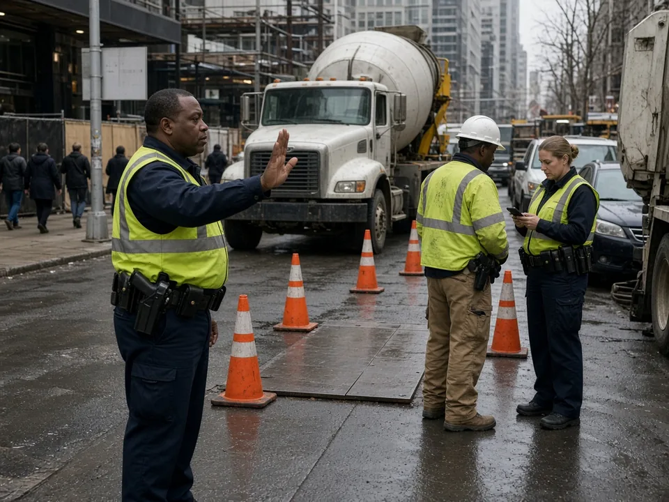 A constable in a high-visibility vest directs traffic at a downtown construction site lane closure while a second officer checks a phone beside the foreman